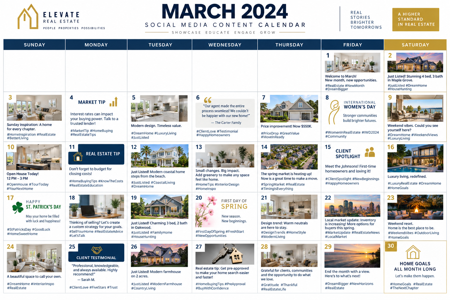 Example of an AI-generated 30-day social media content calendar with post ideas and hashtags