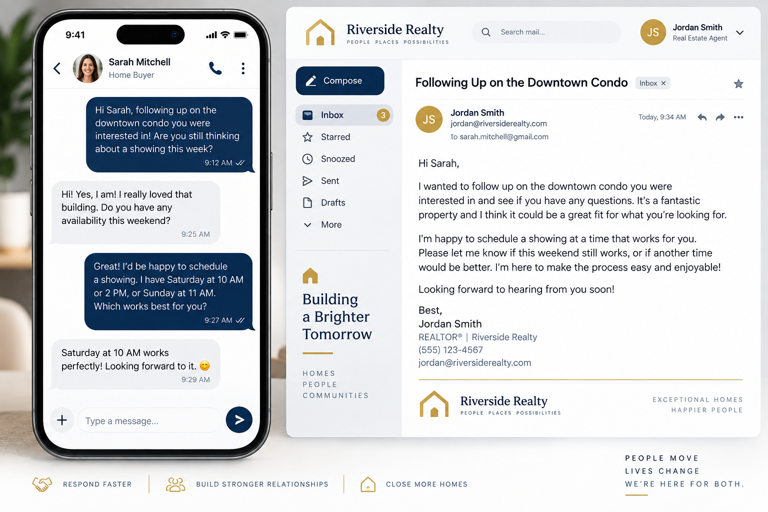 Example of AI-generated personalized follow-up email and SMS messages to a home buyer lead