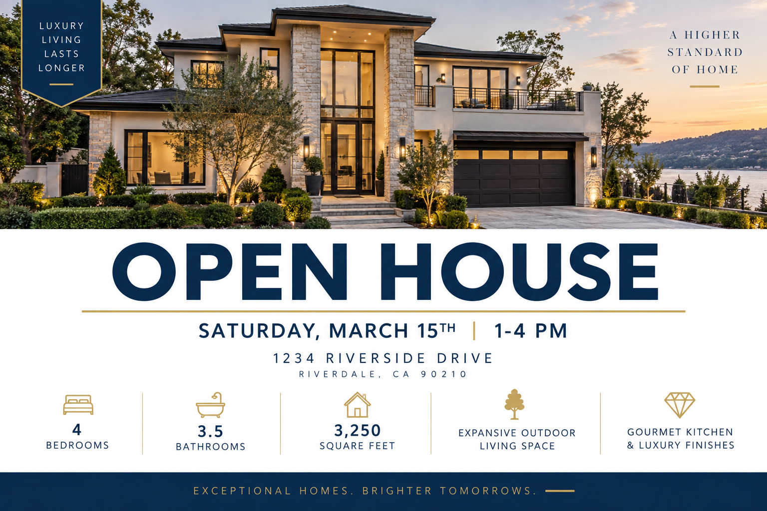 Example of an AI-generated luxury open house flyer with property photo and event details